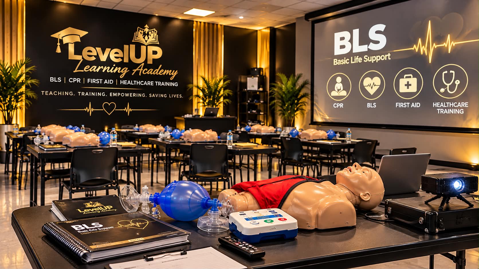 LevelUp Learning Academy training classroom with BLS mannequins and equipment
